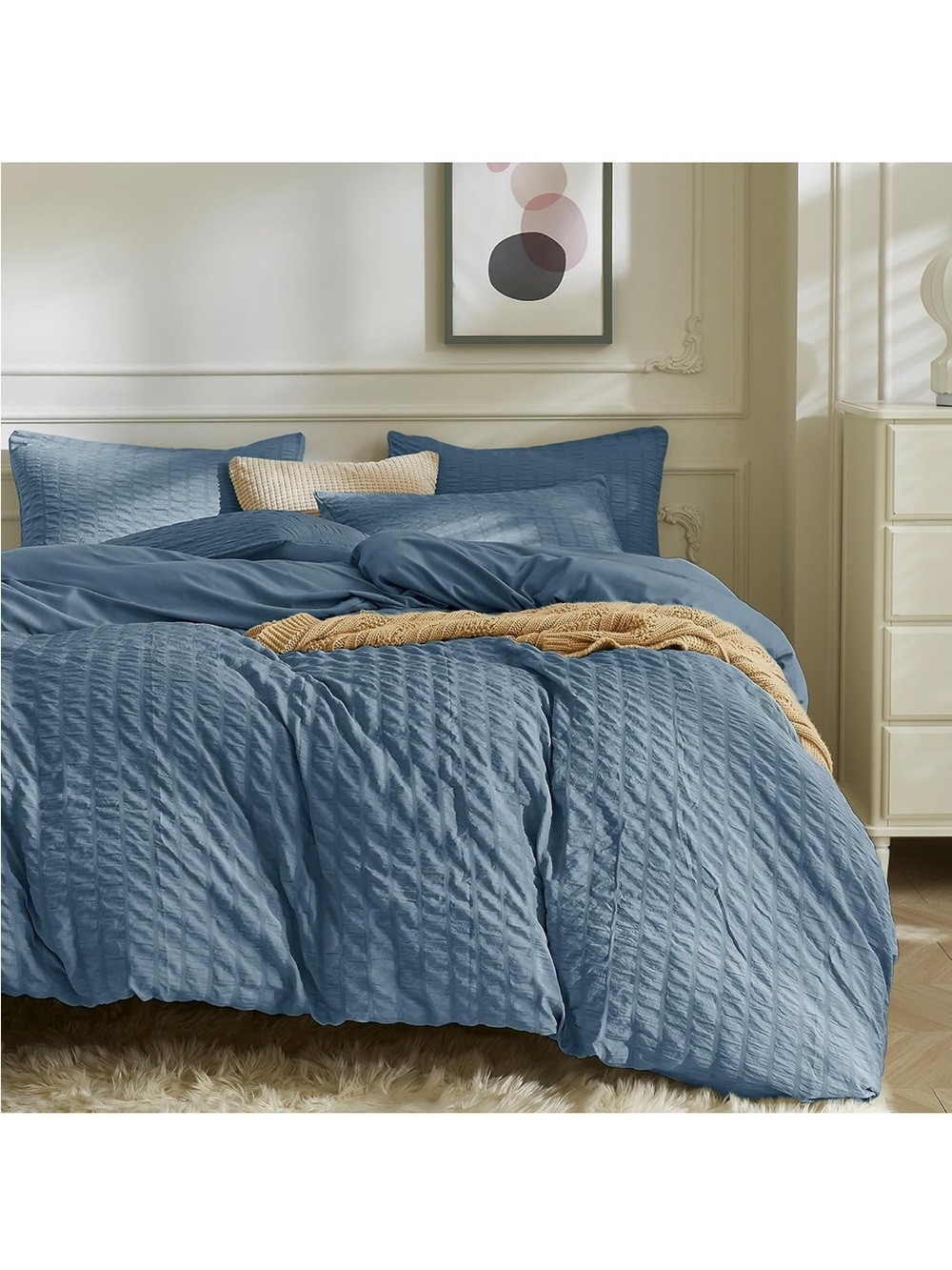 NEW JELLYMONI Sierra Blue Seersucker Duvet Cover Set. Breathable w/Zipper. Queen